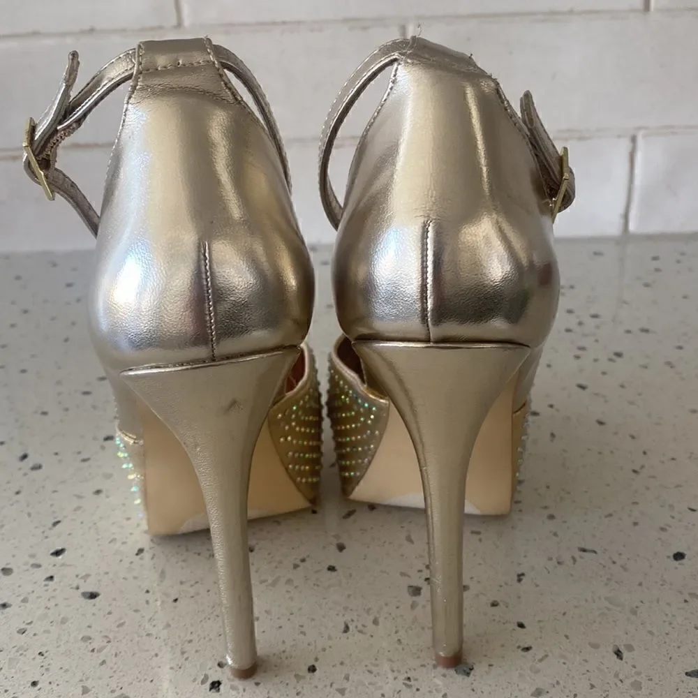 Steve Madden MEA Gold Bling Platform Stiletto Heels Ankle Strap Size Size 6